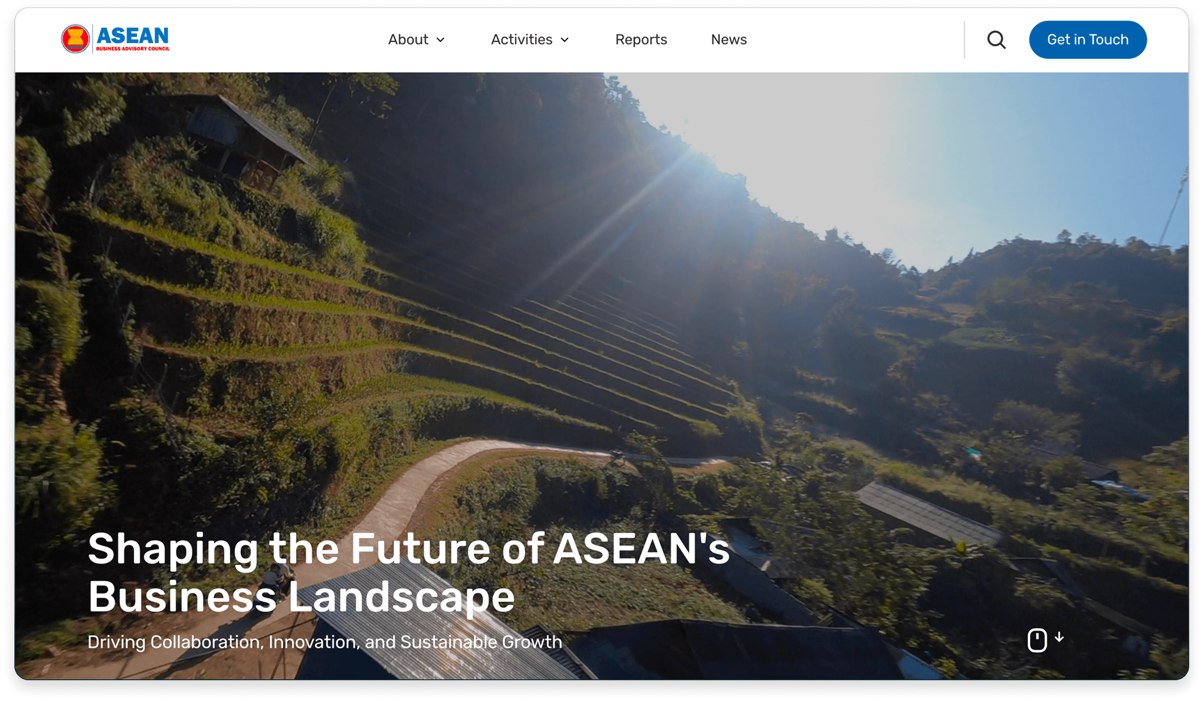 ASEAN-BAC website homepage over a terraced landscape