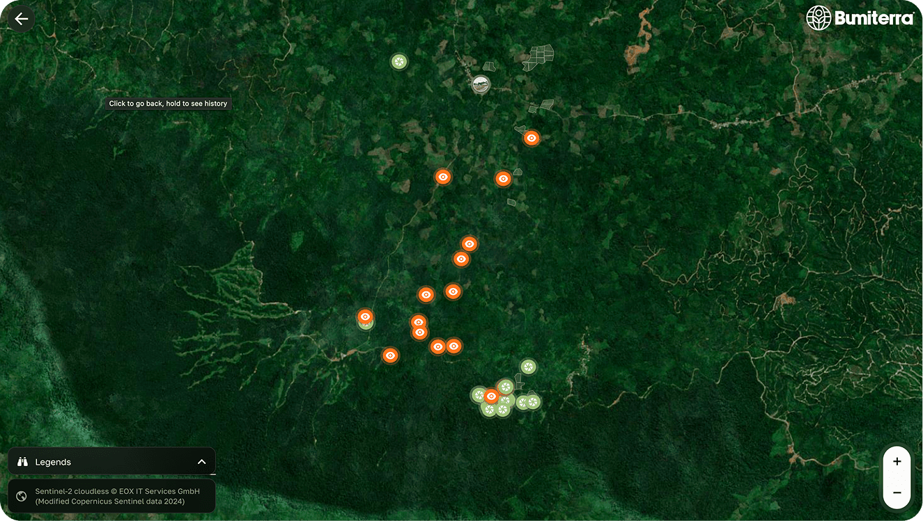 Bumiterra satellite map showing restoration plots across West Kalimantan