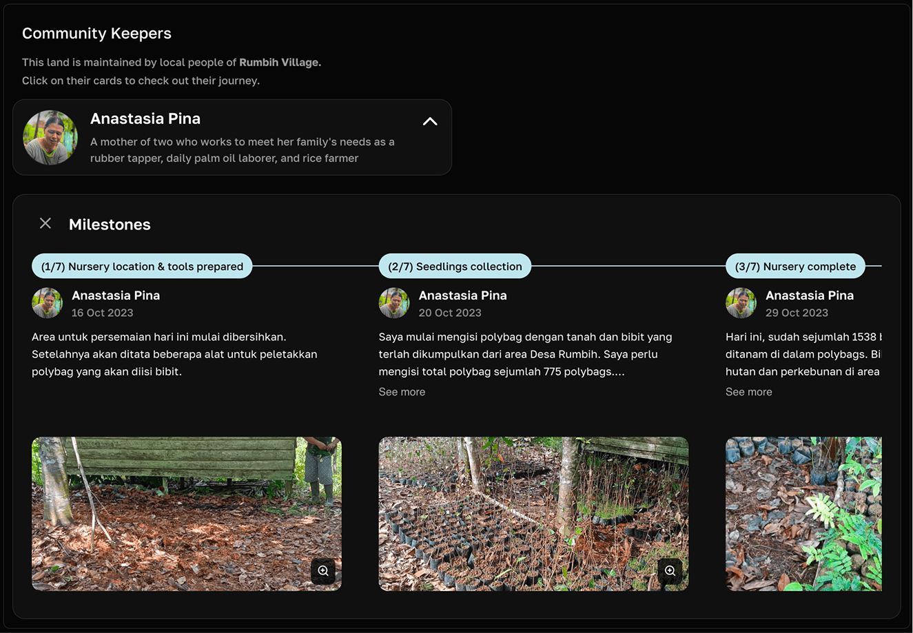 Community Keeper profile and field milestone timeline from Rumbih Village