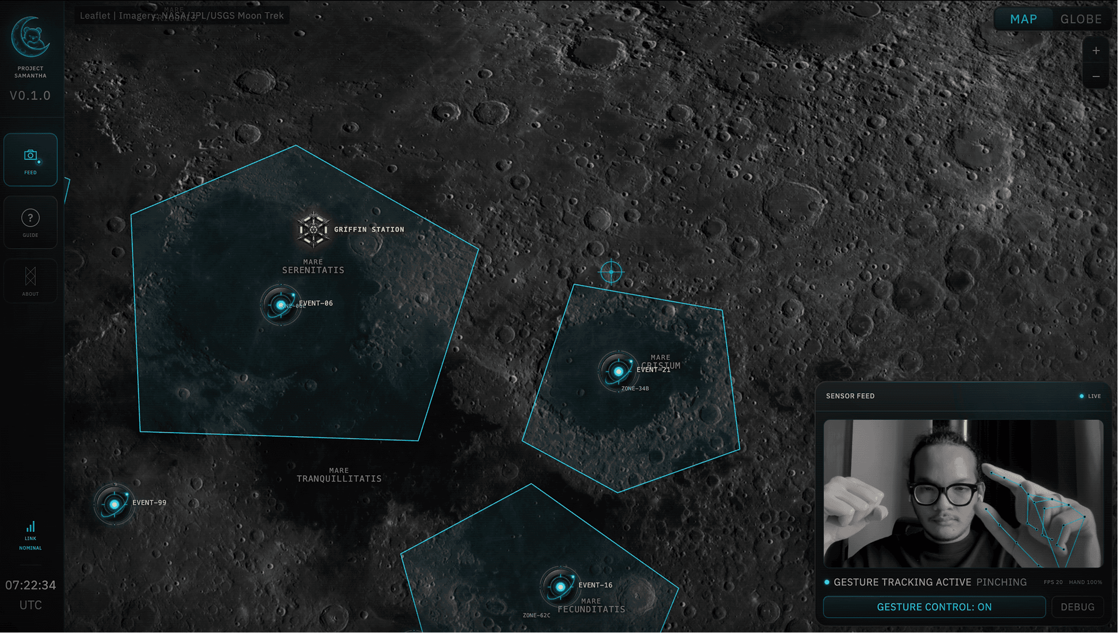 Project Samantha lunar map with operational zones and gesture controls