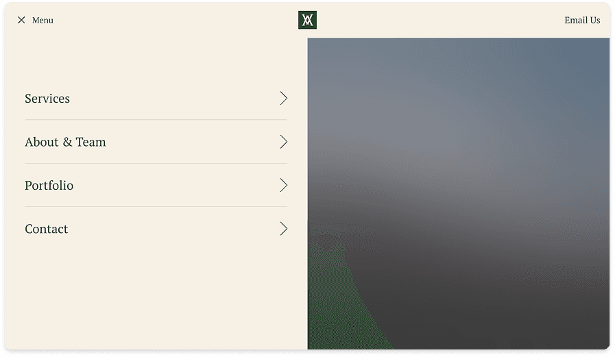 Open navigation menu for services, team, portfolio, and contact