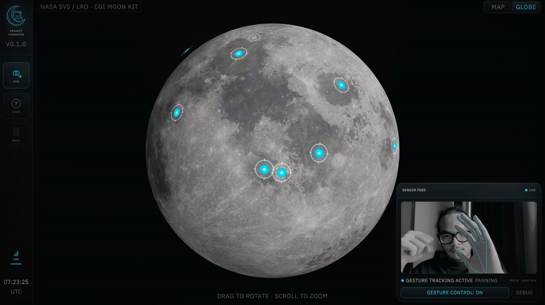 Interactive 3D Moon with operation markers and webcam-based gesture controls