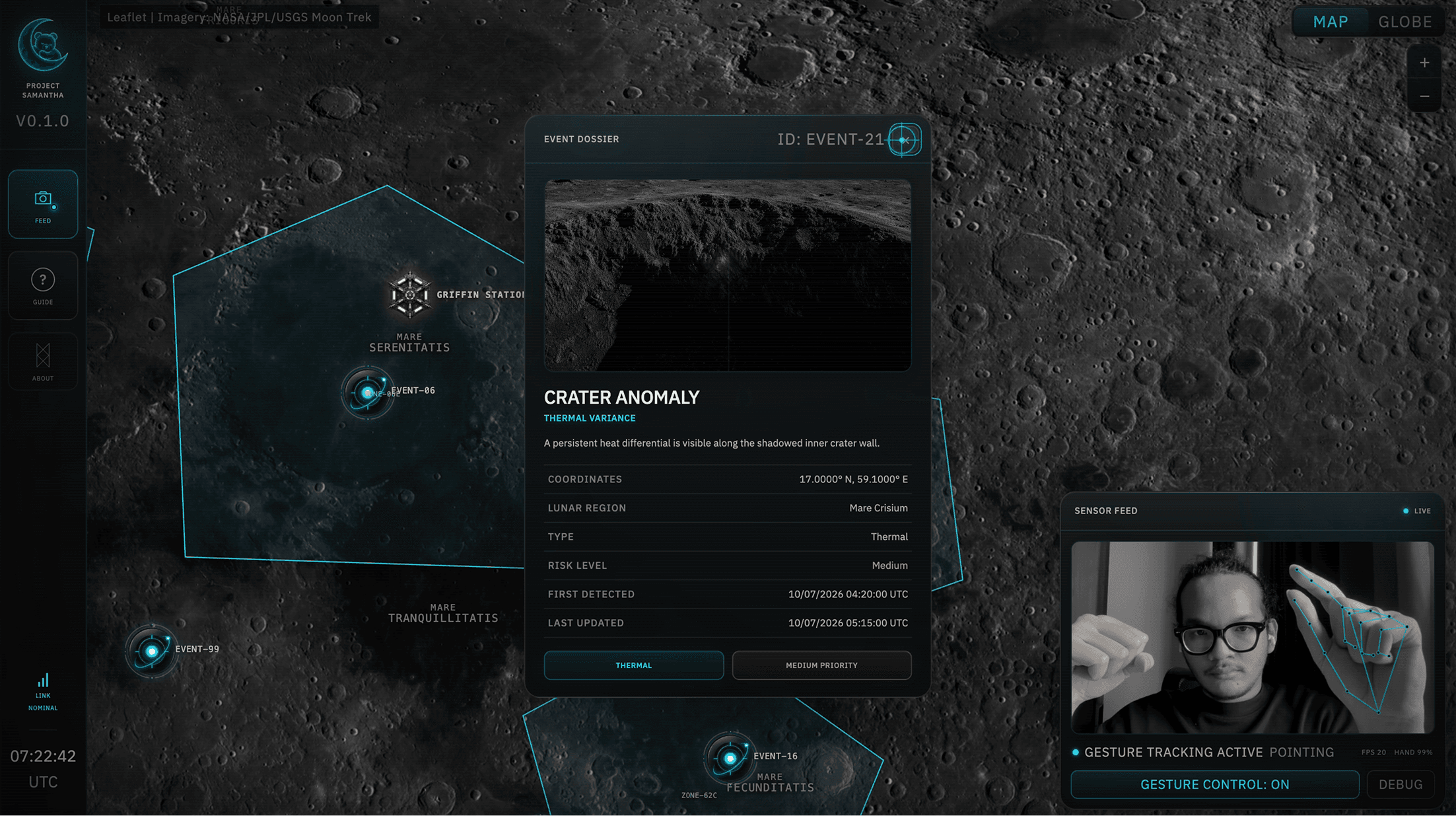 Lunar cartography interface showing operational areas across the Moon