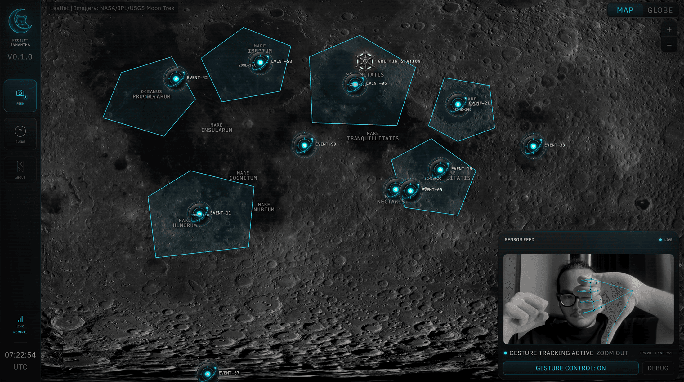 Project Samantha map interface responding to hand gesture input