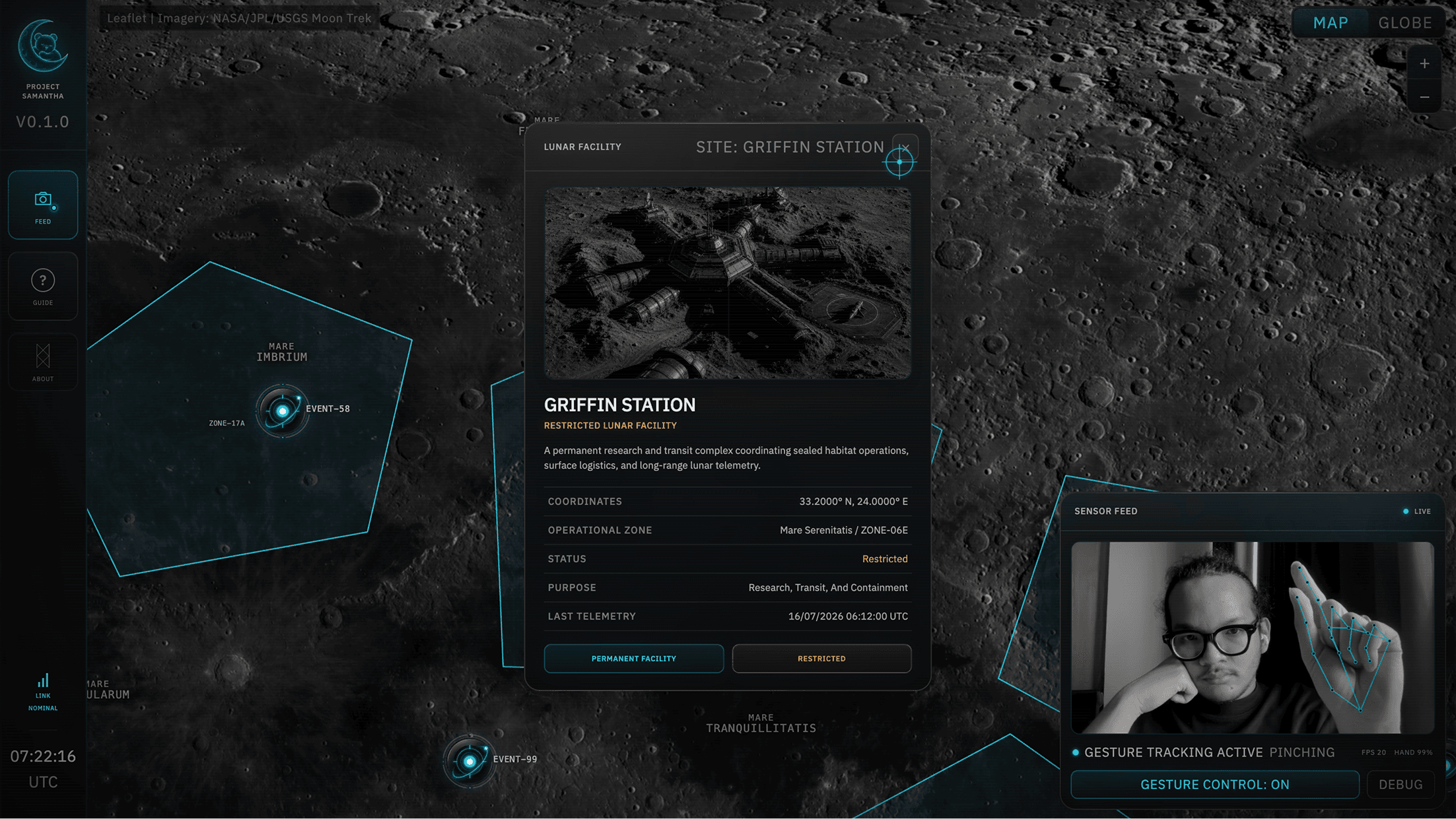 Griffin Station facility details over the lunar operations map